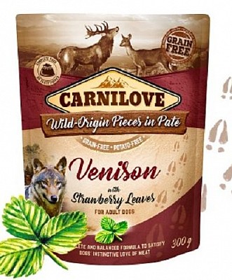 CARNILOVE Dog Pouch Paté Venison with Strawberry Leaves 300g