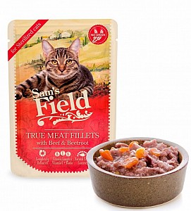 SAM´s FIELD True Meat Fillets with Beef&Beetroot for sterilized cats 85g (hovězí maso s červenou řepou)