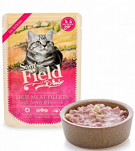 SAM´s FIELD True Meat Fillets with Turkey&Broccoli for Kittens 85g (krůtí maso s brokolicí)