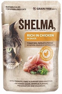 SHELMA Cat Adult kuřecí s rajčaty a bylinkam v omáčce 85g